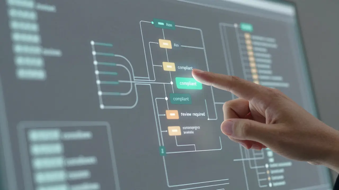 Mão humana revisando fluxos de dados em uma interface digital para garantir a conformidade jurídica.