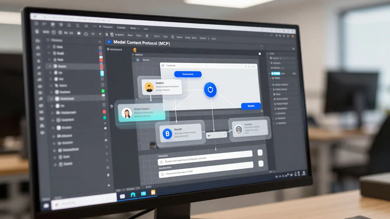 Monitor com design do Figma e estruturas holográficas do protocolo MCP.