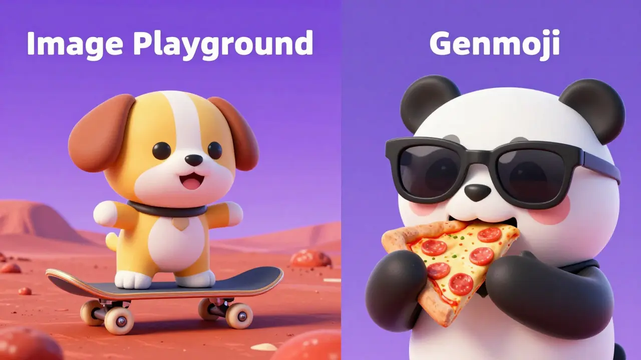 Montagem com um cachorro de skate em Marte e um emoji de panda com óculos e pizza.