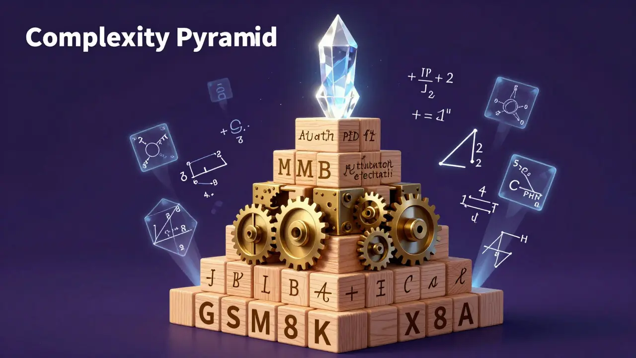 Pirâmide de complexidade matemática evoluindo de blocos simples a um cristal luminoso.