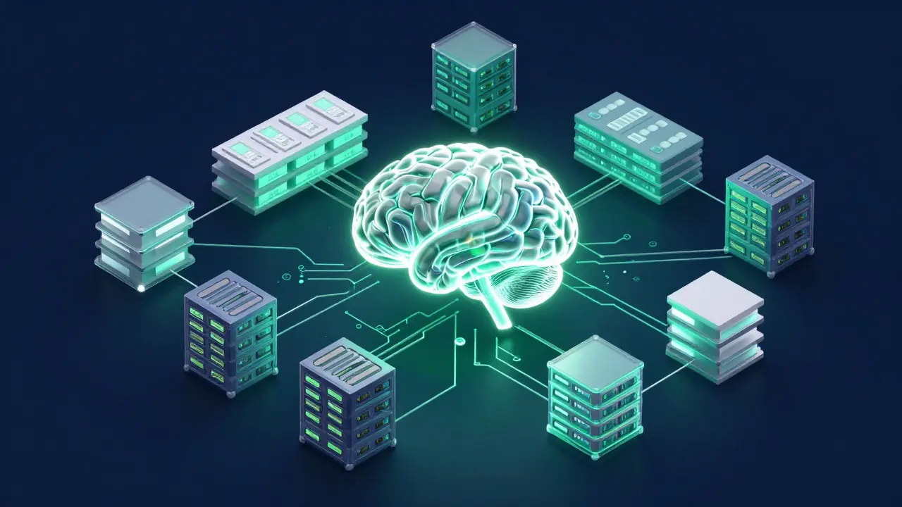 Representação 3D de arquitetura de dados híbrida integrando tabelas e bancos vetoriais.