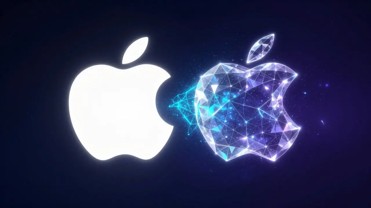 Representação abstrata da parceria entre a Apple e a OpenAI em um ambiente digital.