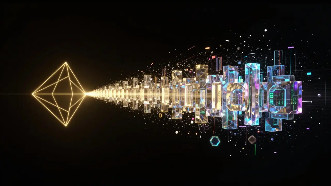 Representação abstrata de dados sendo moldados por um padrão único de luz dourada.