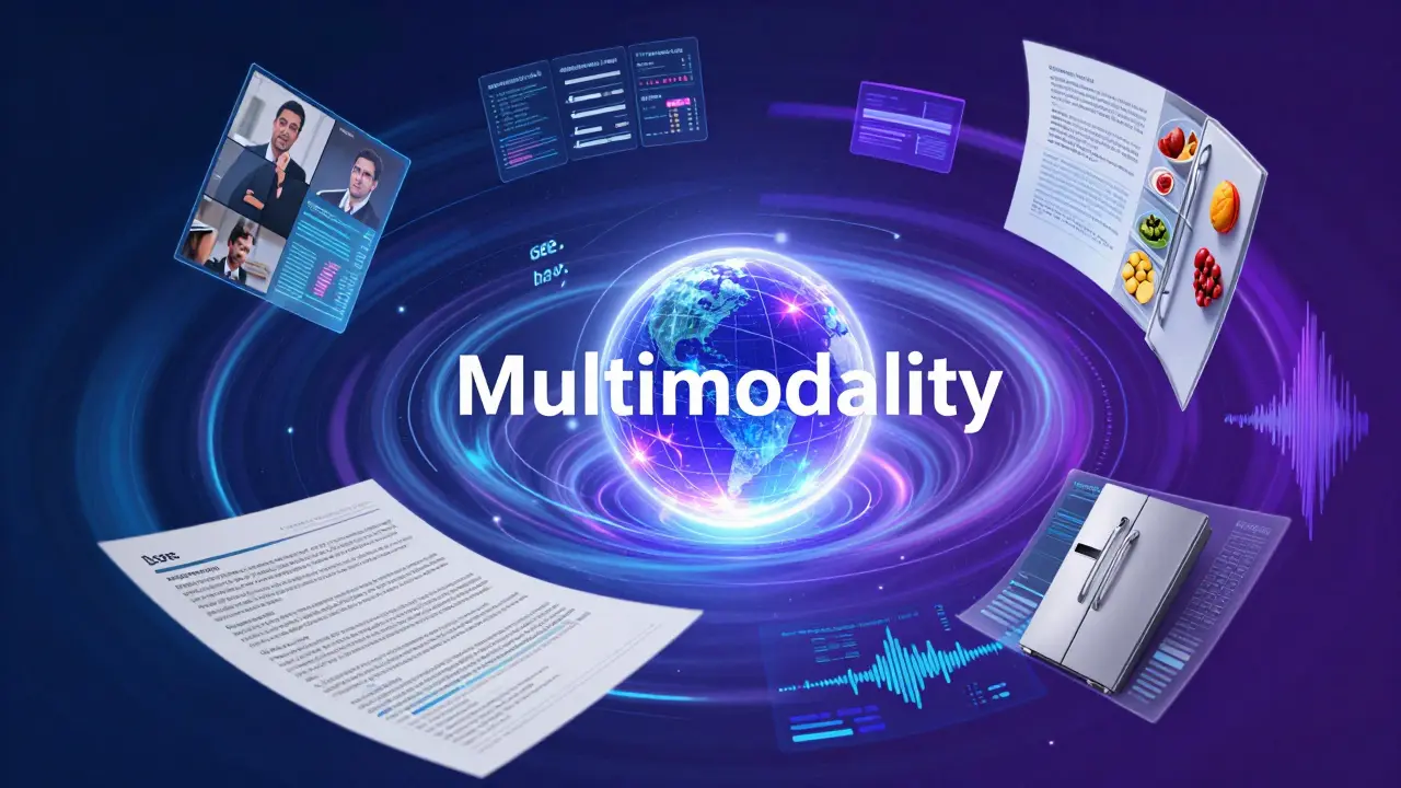 Representação abstrata de IA processando vídeo, texto e imagens simultaneamente.