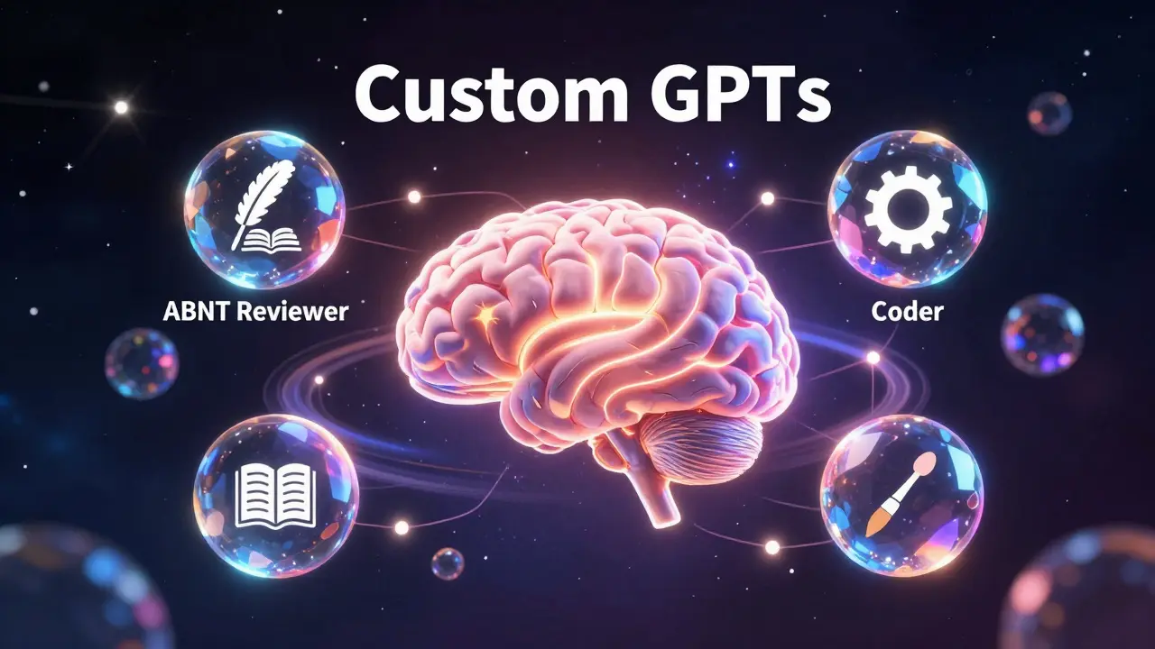 Representação conceitual de GPTs personalizados como esferas de conhecimento especializadas.