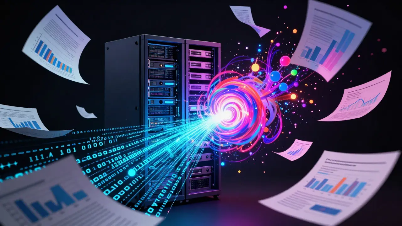 Representação surreal de dados corporativos sendo absorvidos por um vórtice de inteligência artificial.