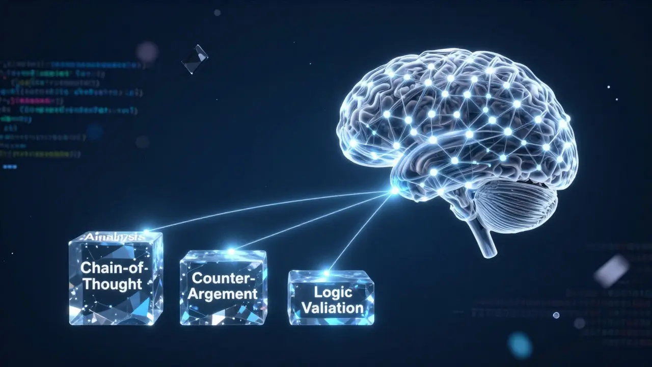 Representação visual do processo de Cadeia de Pensamento em uma rede neural brilhante.