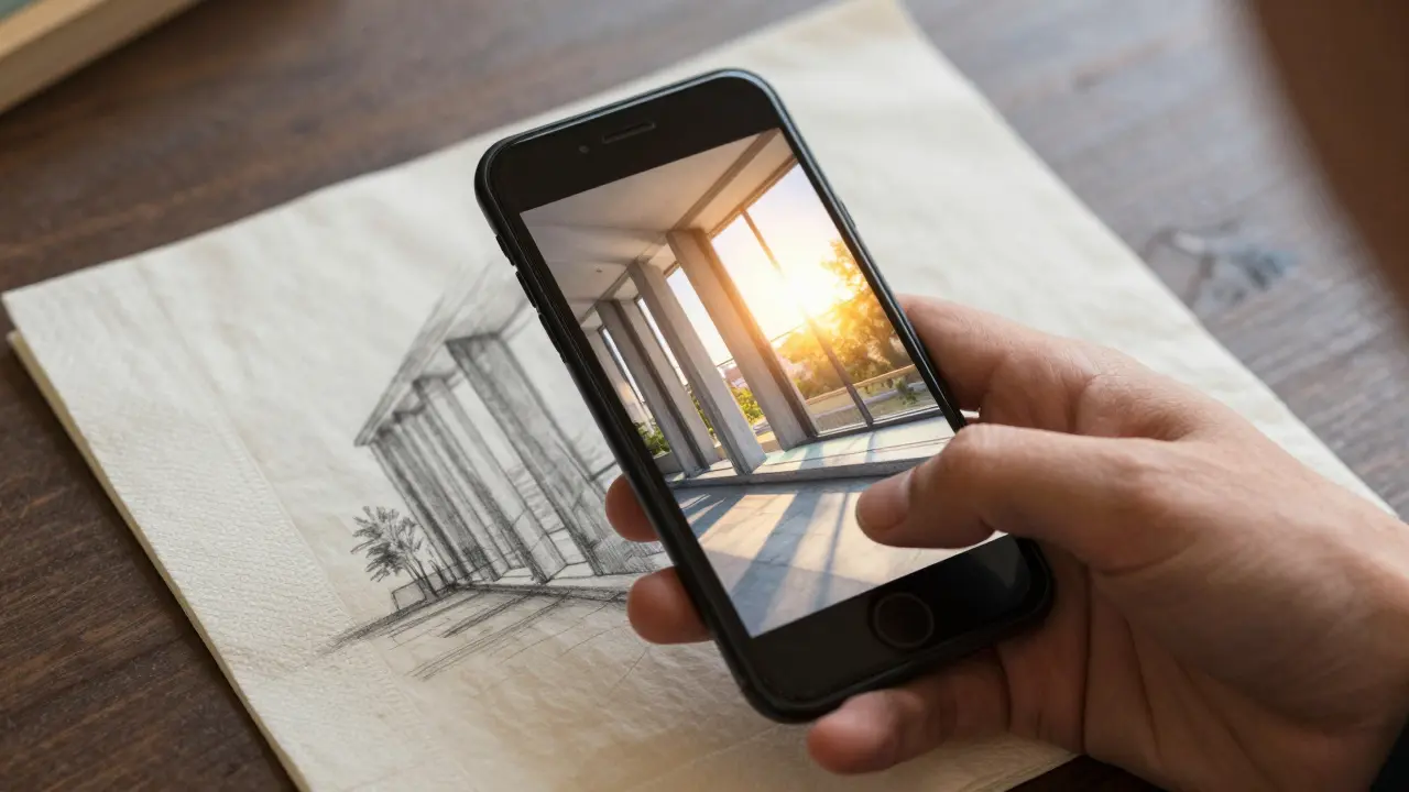 Smartphone transformando um esboço em guardanapo em um render 3D fotorrealista.