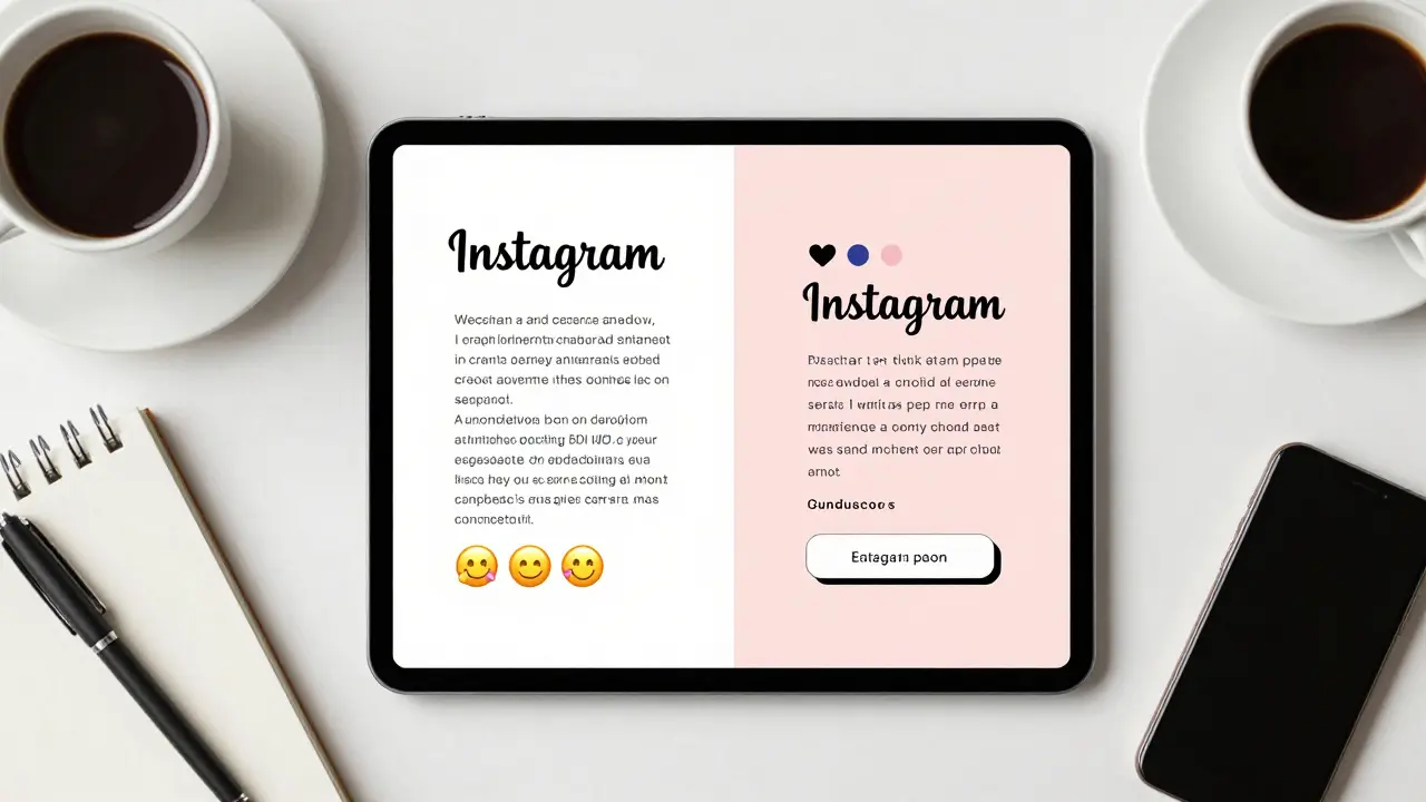 Tablet mostrando a criação de legendas para redes sociais seguindo um exemplo prévio.