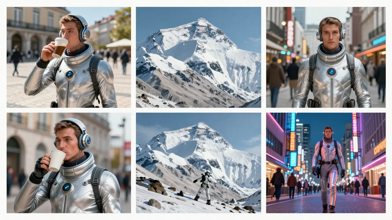 Três cenas diferentes com o mesmo personagem consistente em Lisboa, Everest e Tóquio.