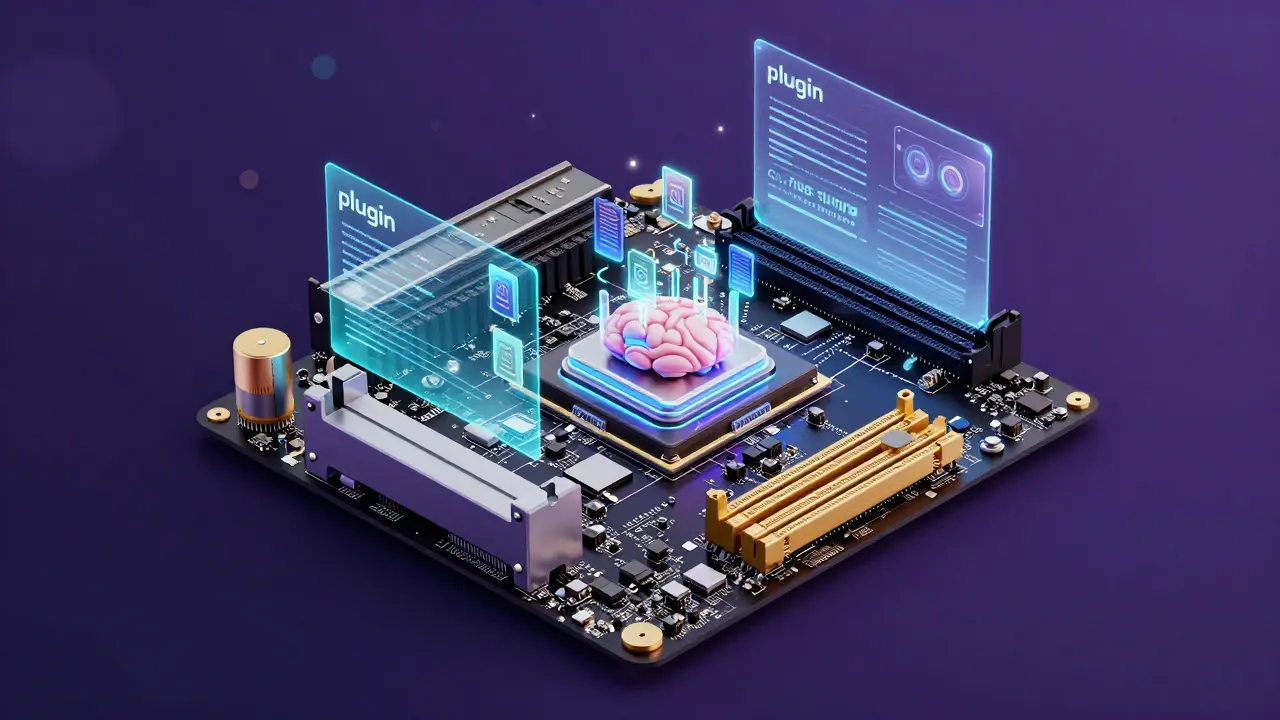 Visualização 3D de hardware de computador com fluxos de dados representando o processo de fine-tuning de IA.
