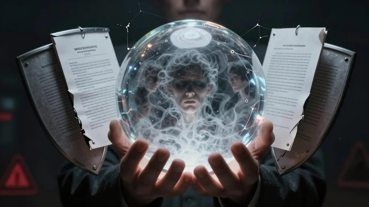 Arte conceitual mostrando riscos éticos da IA, com figuras distorcidas em uma esfera digital e barreiras legais.