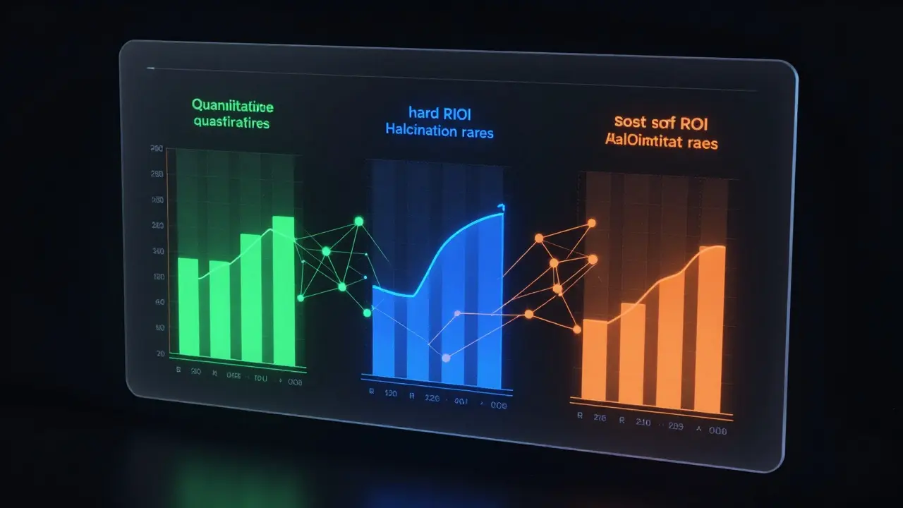 Dashboard futurístico mostrando três pilares de métricas de IA equilibradas