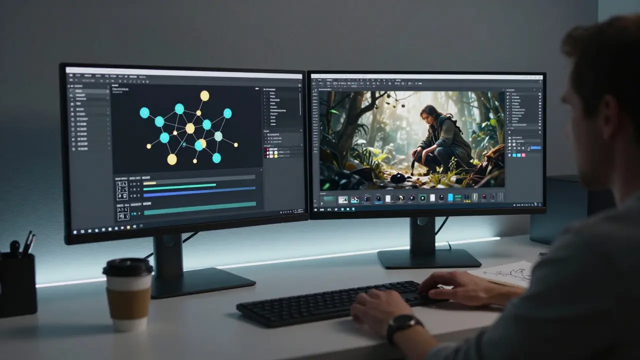 Designer trabalhando com interfaces de IA e arte conceitual