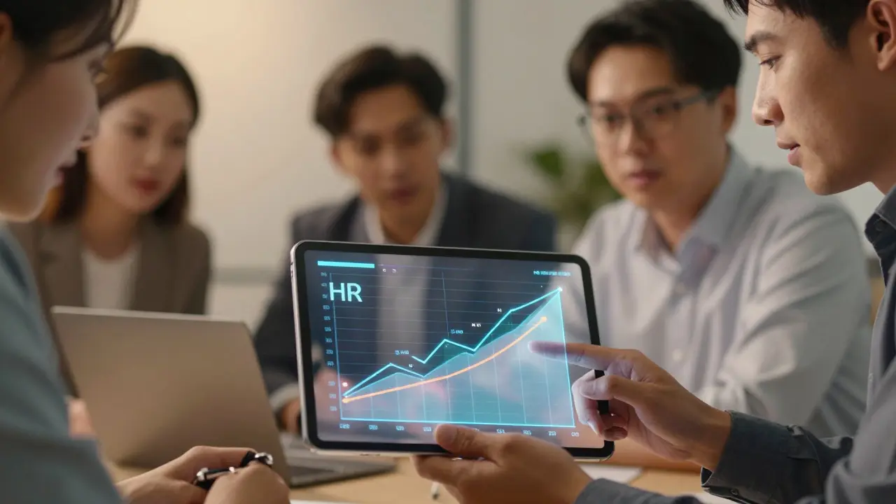 Equipe analisando métricas de produtividade e ROI em uma reunião estratégica corporativa.