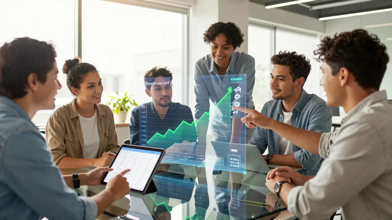 Equipe colaborando felizmente vendo gráficos de sucesso e eficiência