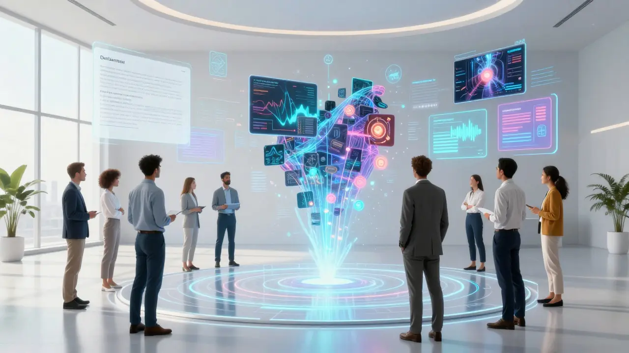 Equipe interagindo com interface holográfica multimodal futurista