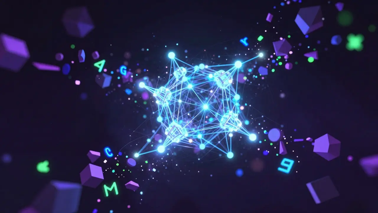 Ilustração 3D de rede neural processando tokens digitais