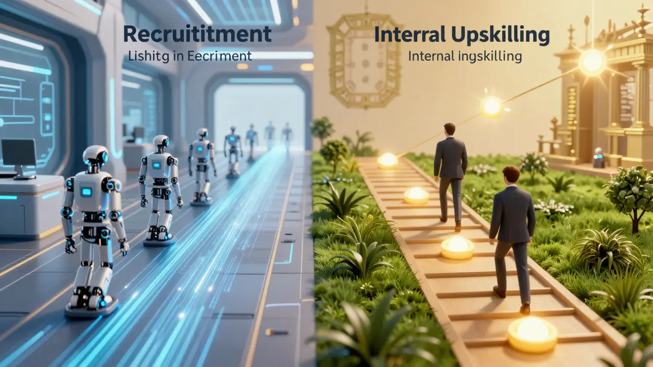 Ilustração conceitual comparando recrutamento externo eficiente com capacitação interna valiosa.