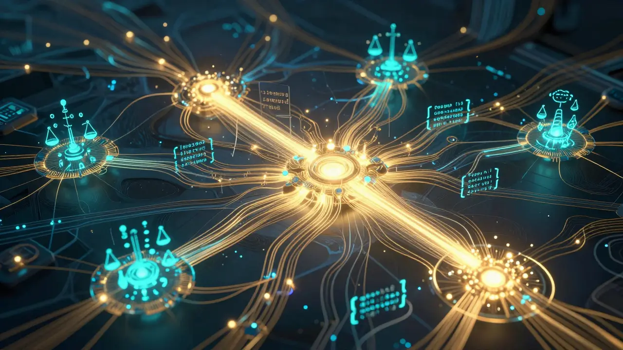 Ilustração conceitual de rede neural ativando clusters de conhecimento específicos