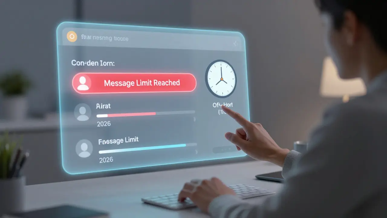 Interface de chat com indicadores visuais de limites de mensagens e horários