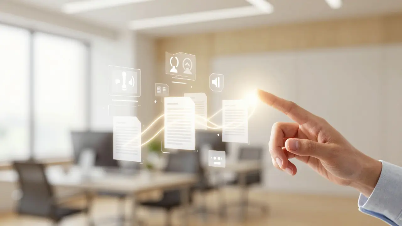 Interface holográfica multimodal mostrando colaboração entre humano e inteligência artificial