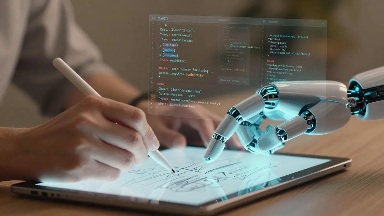 Mão humana e robótica colaborando na criação de conteúdo digital