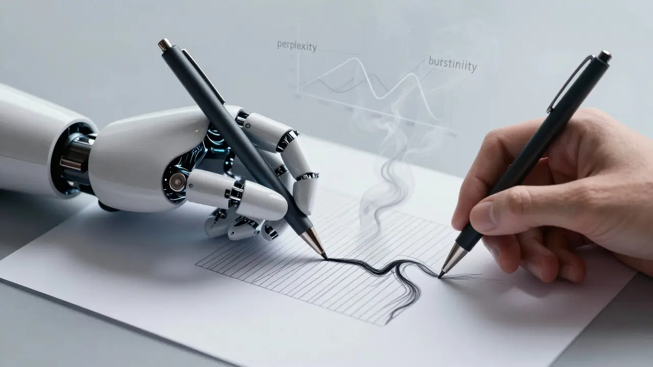 Mão humana reescrevendo texto rígido gerado por IA