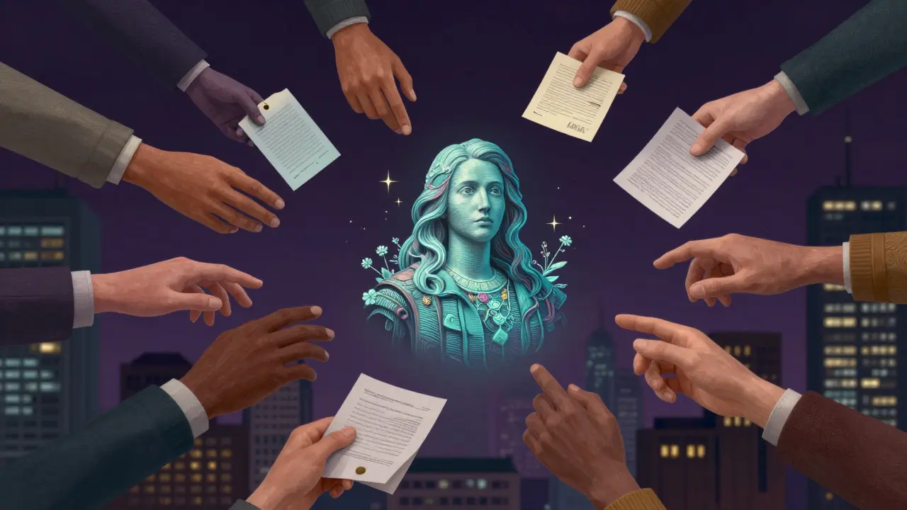 Metáfora visual sobre direitos autorais e posse de imagens geradas por IA