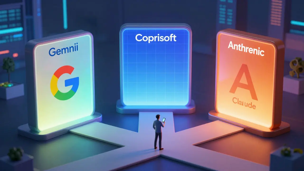 Portais futuristas representando alternativas gratuitas como Gemini, Copilot e Claude