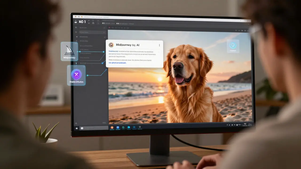 Profissional criando imagens com IA numa tela de computador moderna
