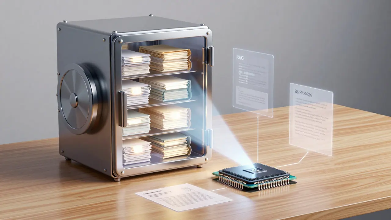 Renderização 3D conceitual de banco de dados privado conectado a chip de IA local seguro