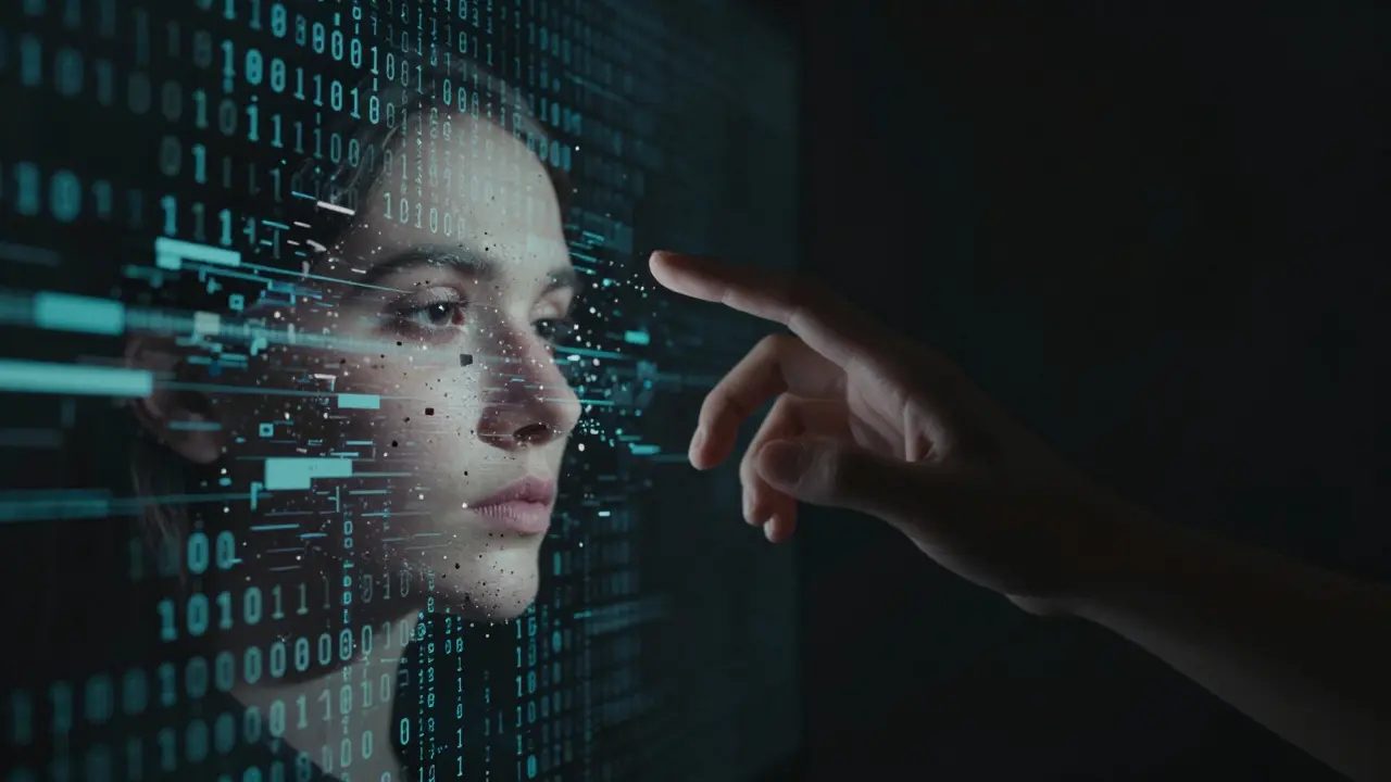 Rosto digital fragmentado simbolizando riscos de deepfake