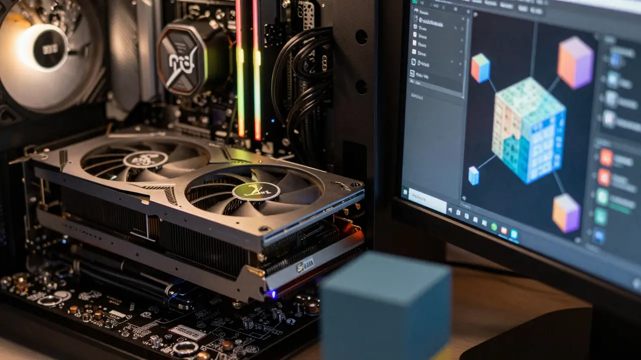 Setup de computador potente com placa gráfica, simbolizando o processamento local privado de IA sem censura.