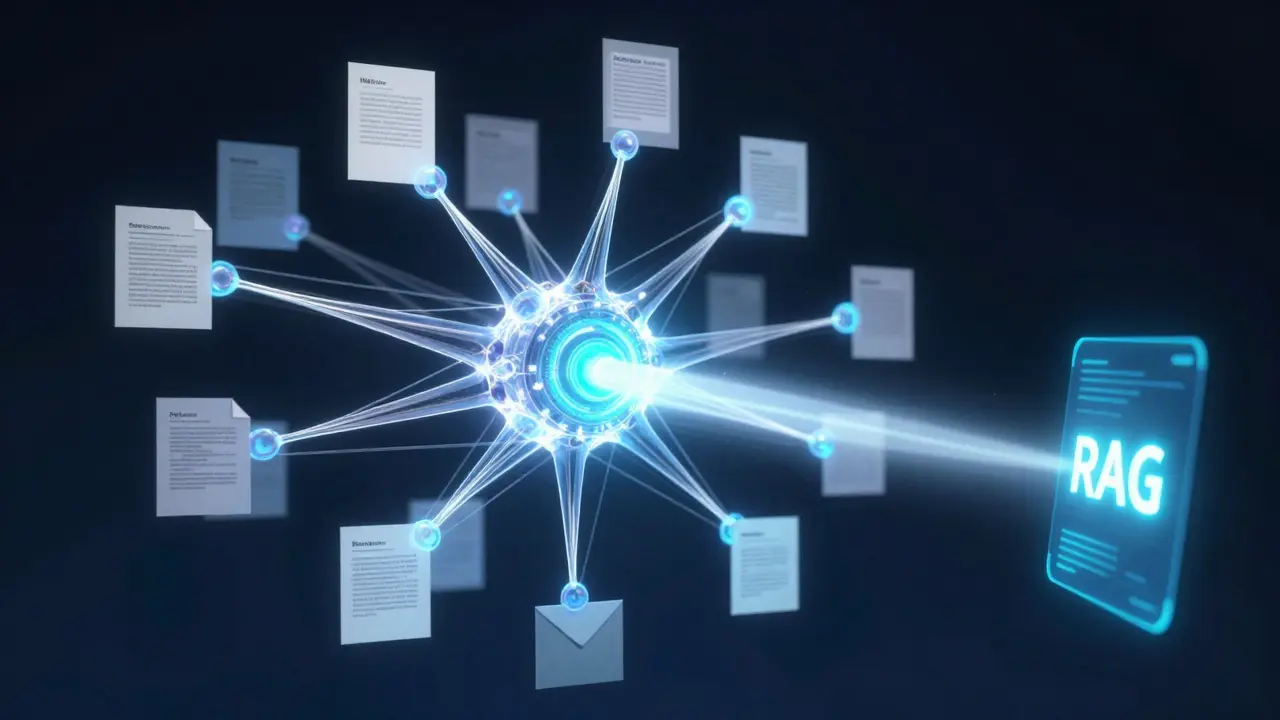 Visualização abstrata de rede neural processando dados corporativos para respostas IA