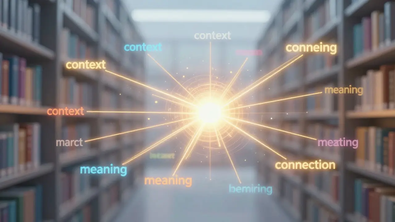 Visualização abstrata do mecanismo de atenção conectando palavras por luzes