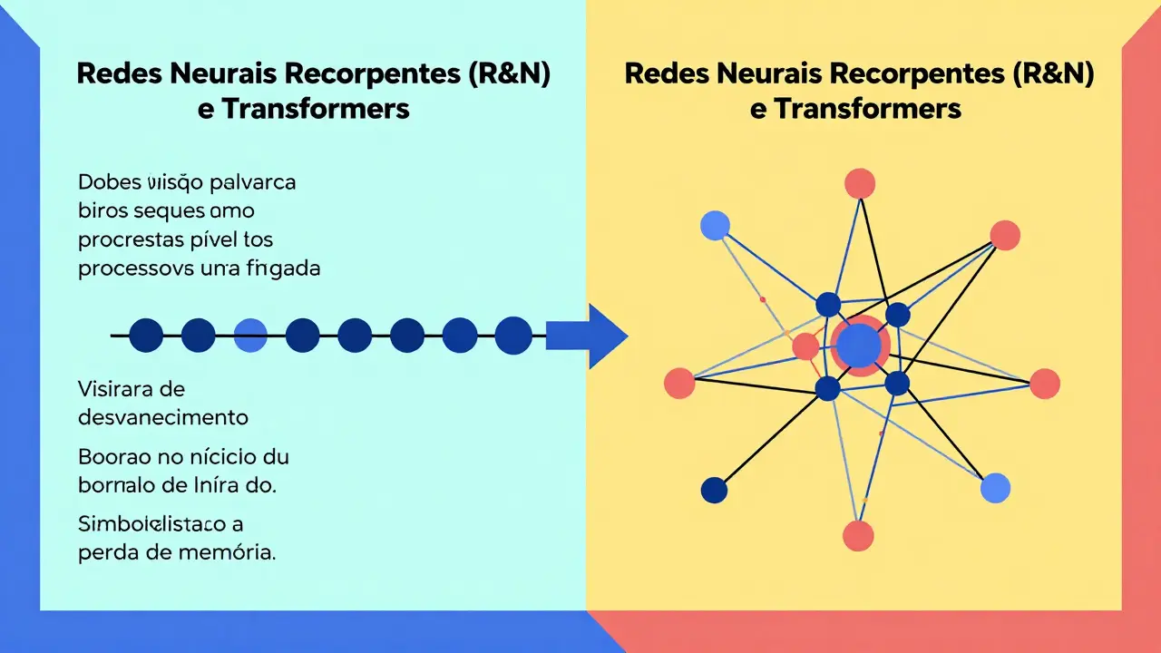 Comparação visual entre o processamento sequencial limitado das RNN, com perda de contexto inicial, e o processamento paralelo e global dos Transformers, onde toda a frase é analisada simultaneamente.