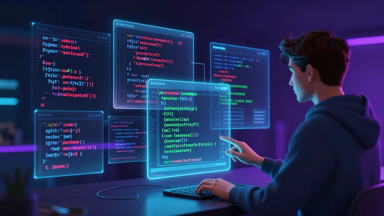 Desenvolvedor interagindo com código holográfico