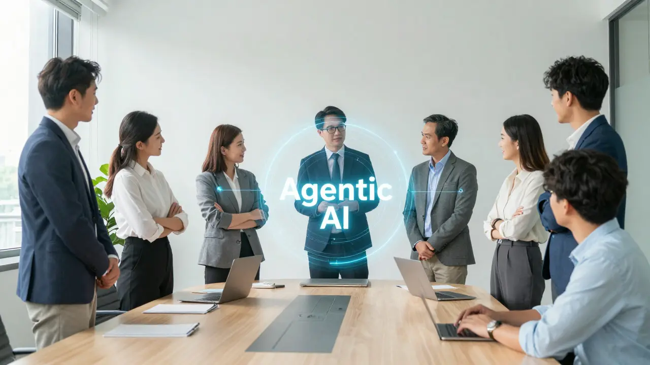 Equipe colaborativa supervisionando assistente de IA em reunião estratégica