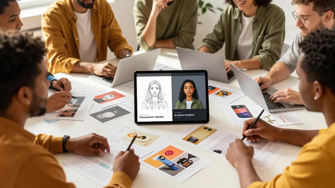 Equipe criativa colaborando com mockups e ferramentas de IA
