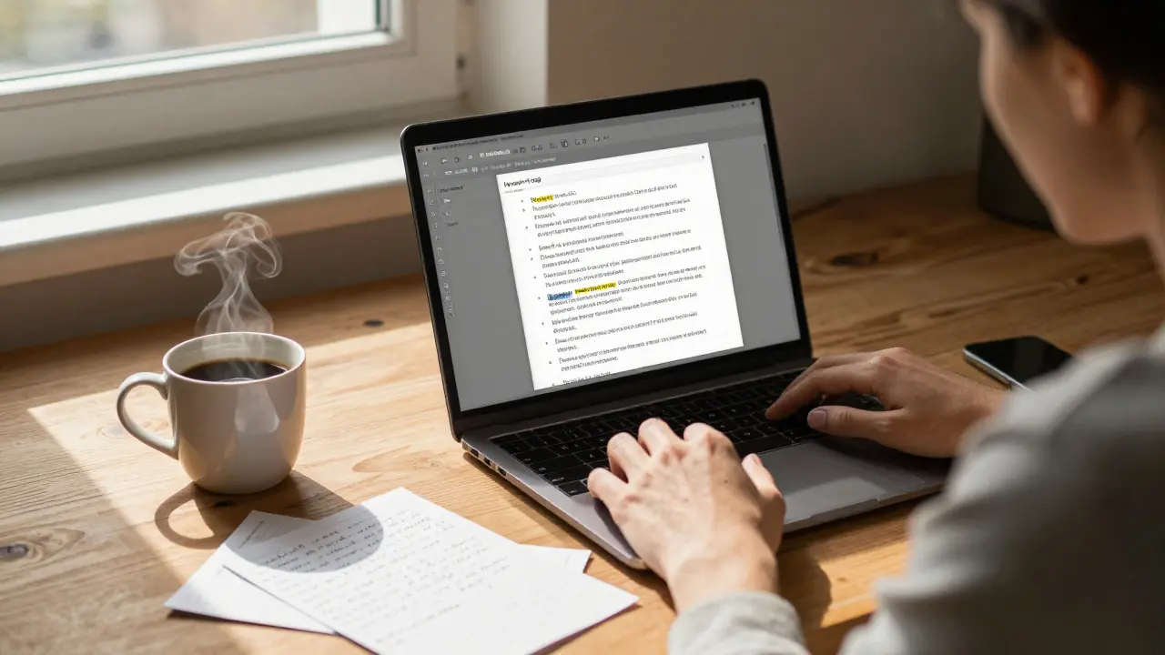 Escritor adicionando voz humana e notas pessoais ao rascunho no laptop