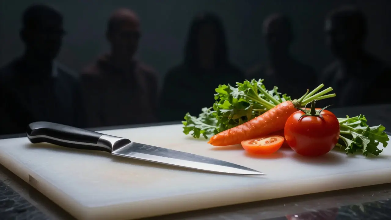 Faca de cozinha sobre tábua simbolizando ética e responsabilidade na IA