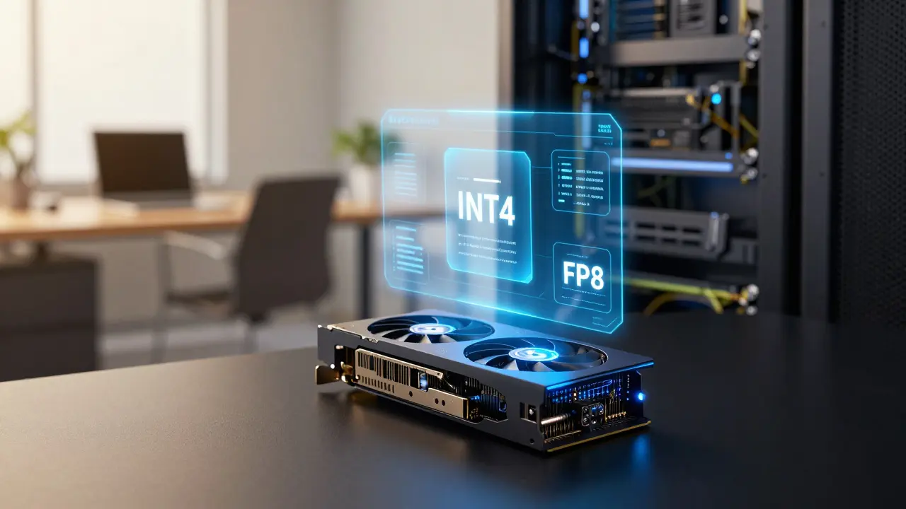 GPU de consumo eficiente em servidor, com hologramas INT4/FP8, representando inferência local rápida.