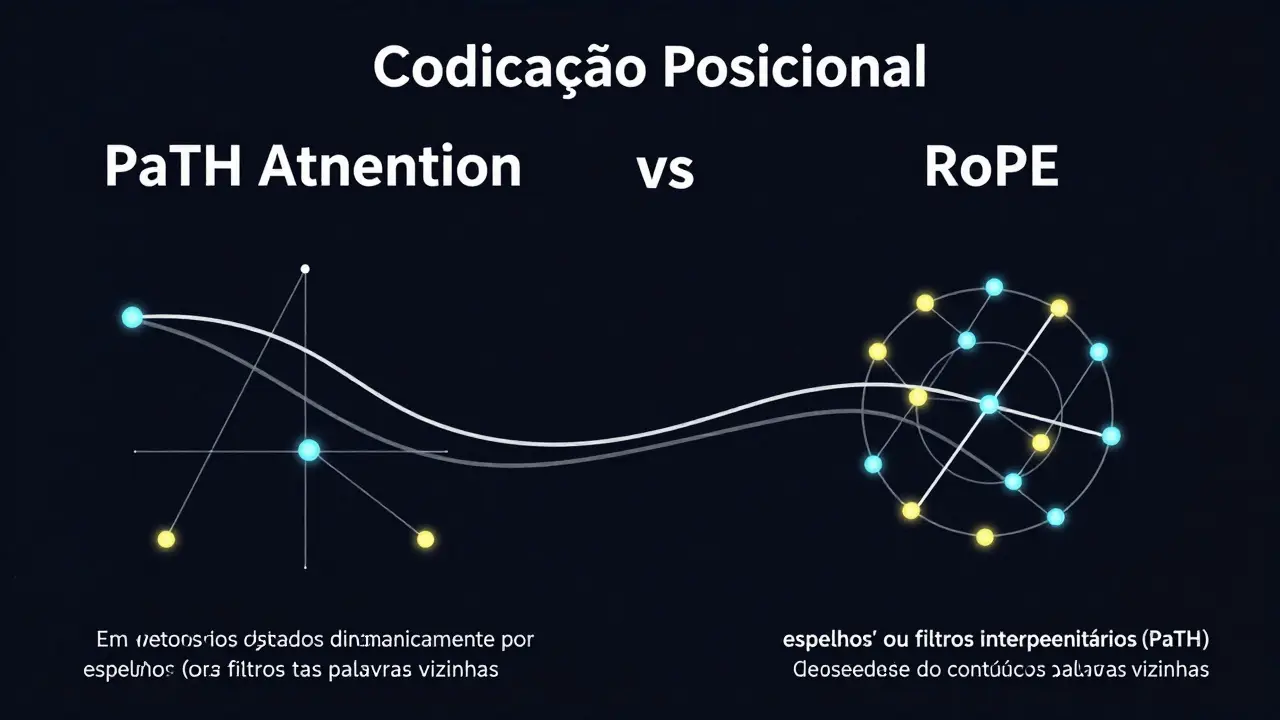 Ilustração conceitual da codificação posicional dinâmica (PaTH), onde a ordem das palavras é ajustada por filtros dependentes do conteúdo, diferentemente de rotações fixas tradicionais.
