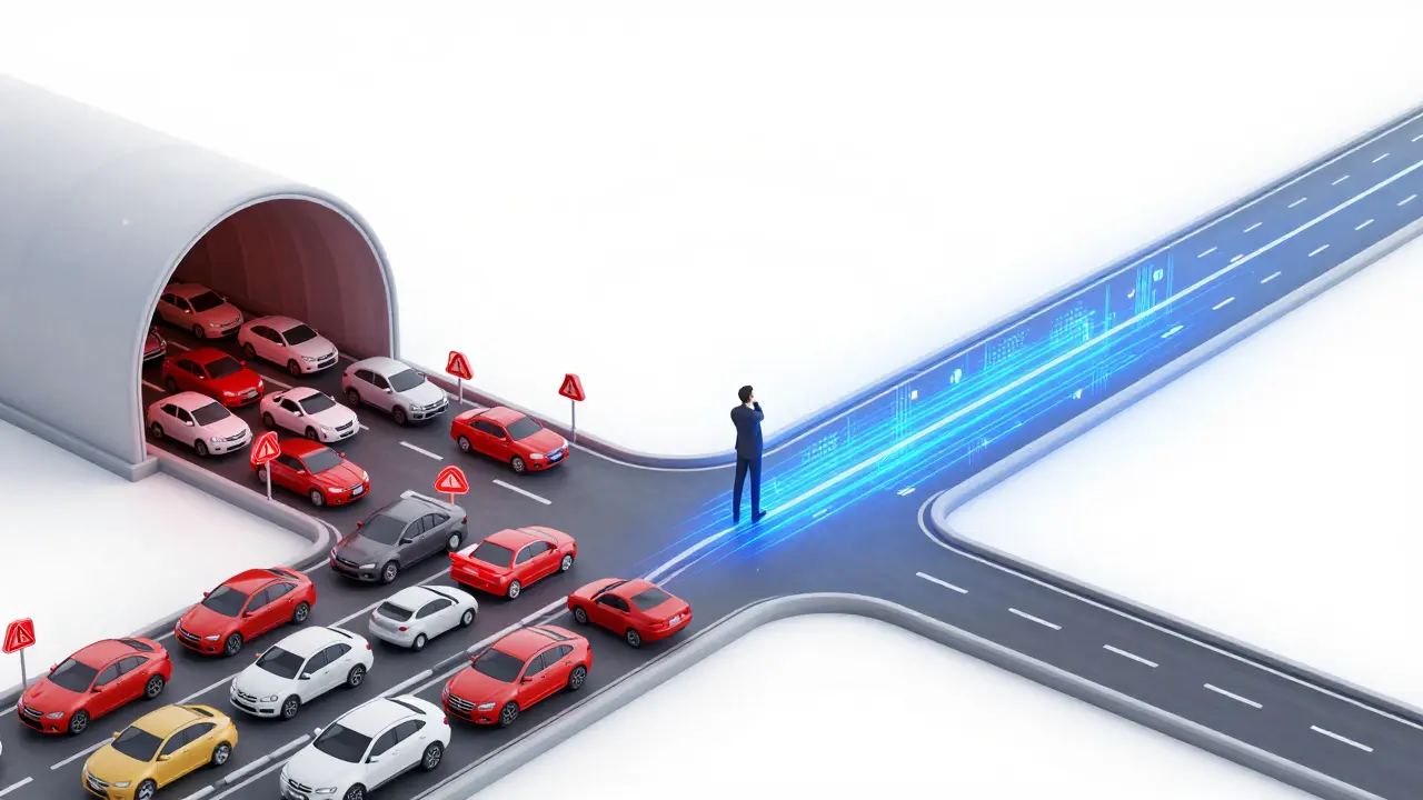 Ilustração conceptual mostrando caminhos divididos entre filas de espera e acesso prioritário rápido