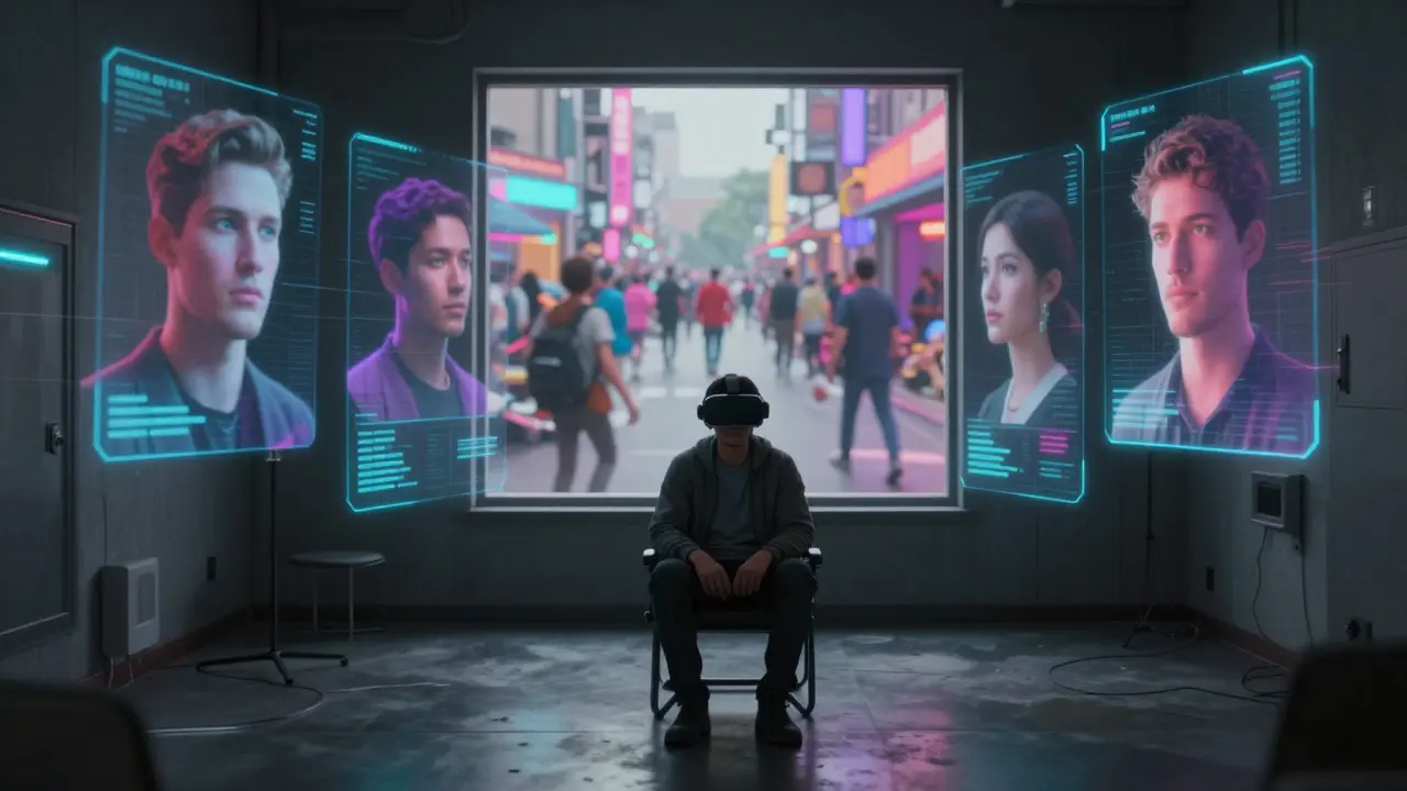 Indivíduo isolado usando realidade virtual com projeções holográficas distorcidas