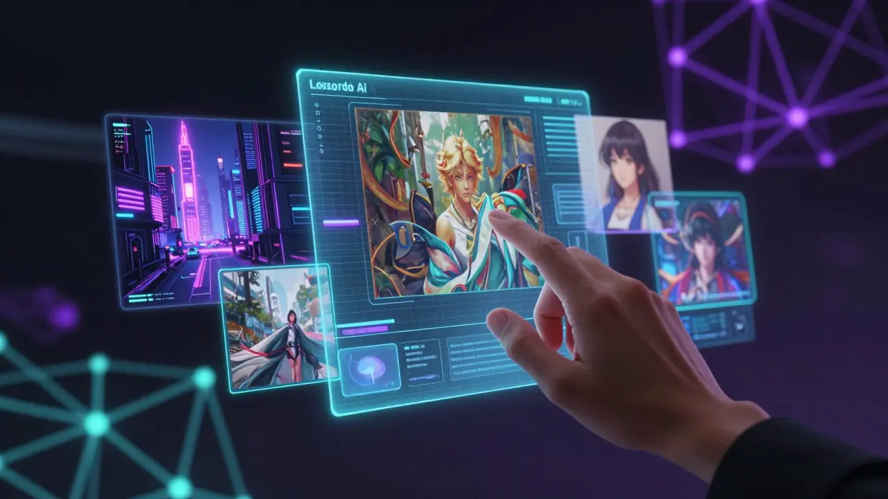 Mão interagindo com painéis holográficos de estilos artísticos diversos