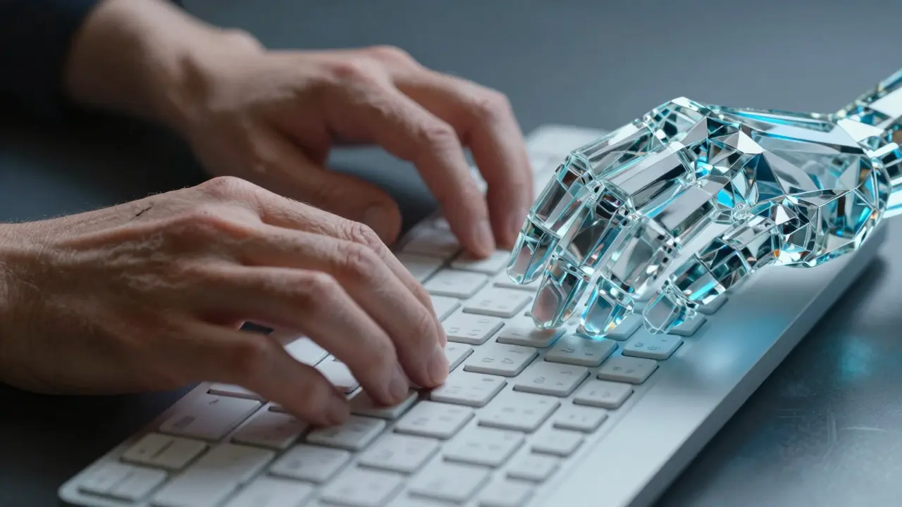 Mãos humana e robótica digitando lado a lado em um teclado moderno