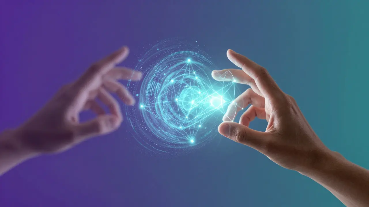 Mãos moldando partículas de luz e dados em formas precisas
