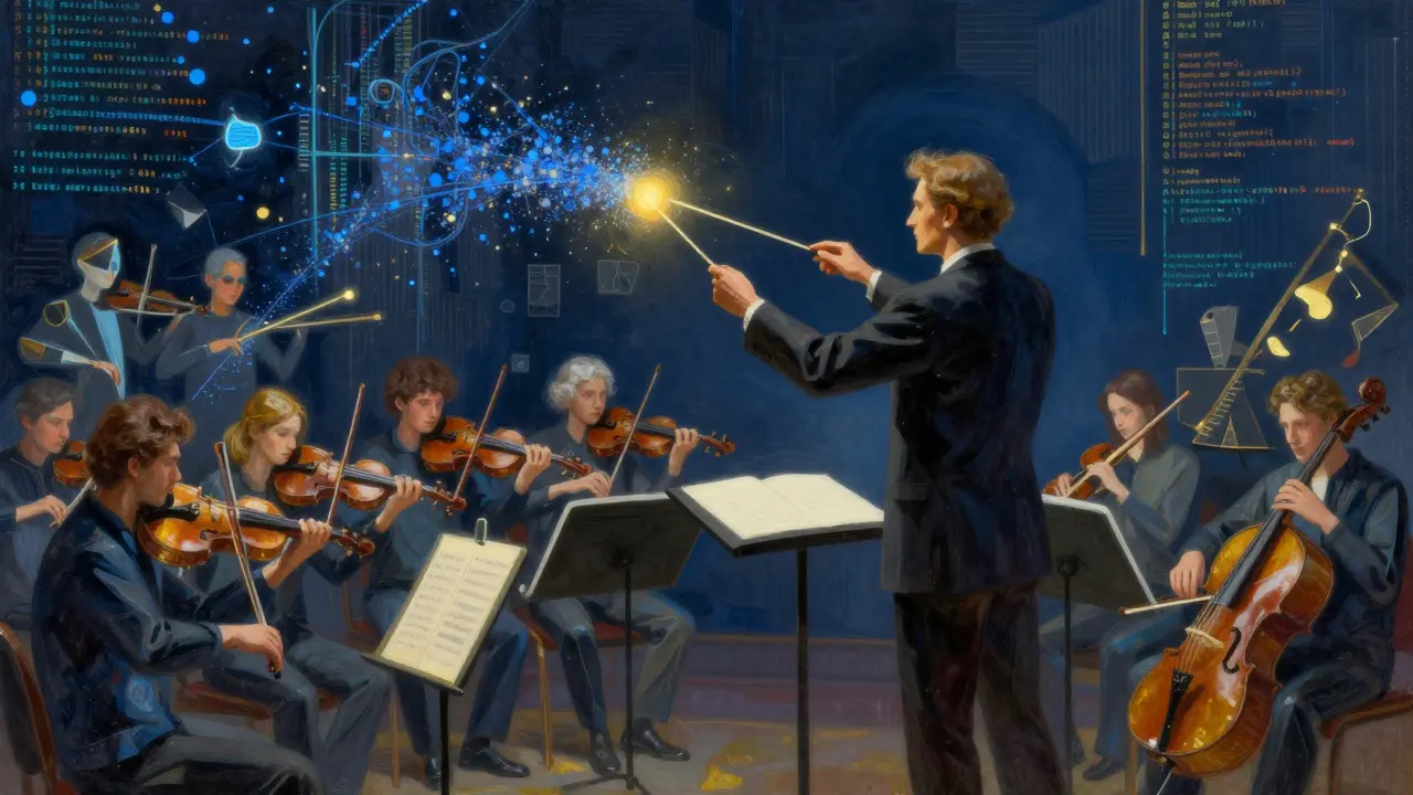 Regente humano dirigindo orquestra abstrata de código e luz dourada